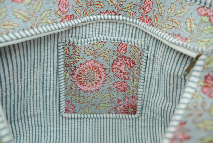 Teal Indigo Quilted Cotton Tote Bag (Floral Jaal Print)