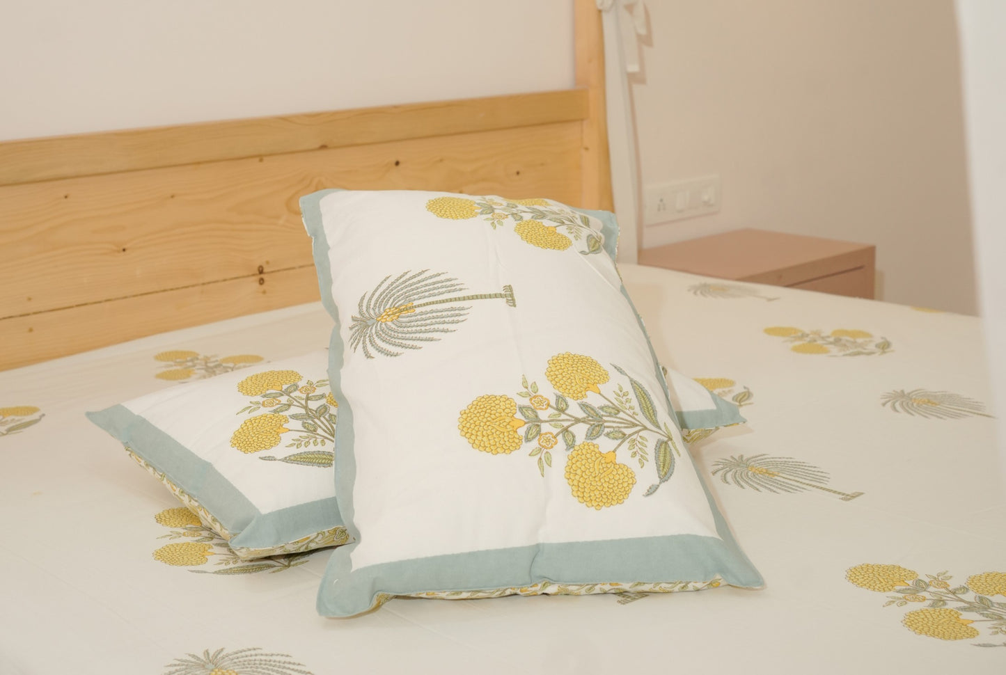 Yellow Mughal Buta Hand Block Printed Bedsheet Set