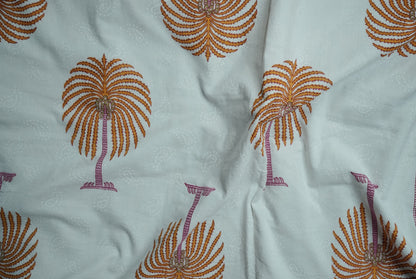 Yellow Palm Hand Block Printed Bedsheet with Reversible Dohar Set