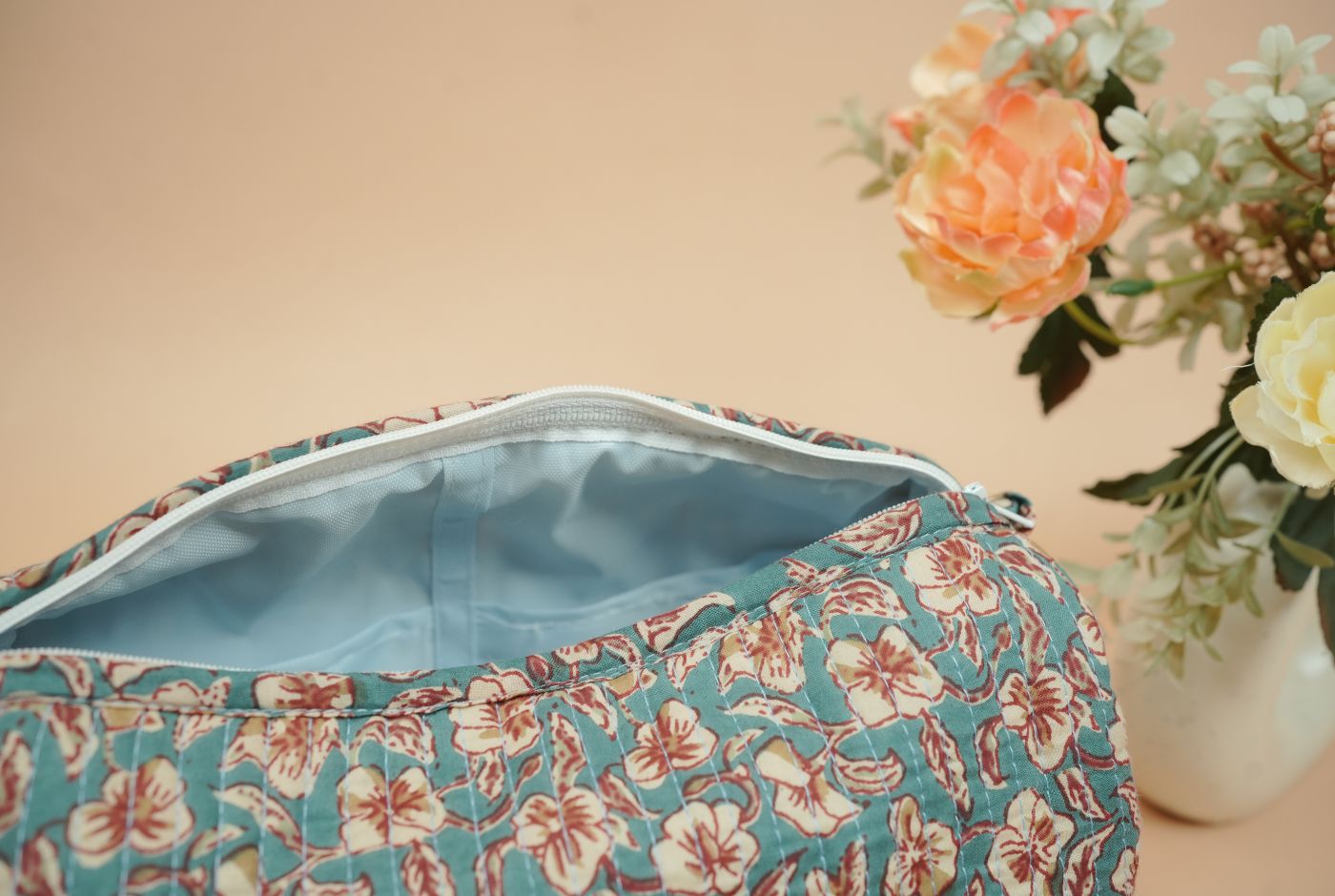 Teal Blue Quilted Cotton Travel Pouch Set (Set of 3)