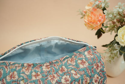 Teal Blue Quilted Cotton Travel Pouch Set (Set of 3)