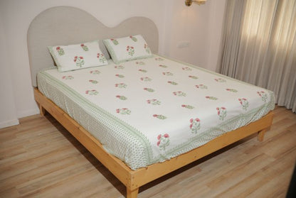 Green Mughal Buta Hand Block Printed Bedsheet Set