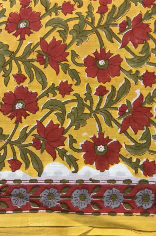 Mustard Yellow Hand Block Printed Cotton Suit Set with Kota Doria Dupatta & Zari Border