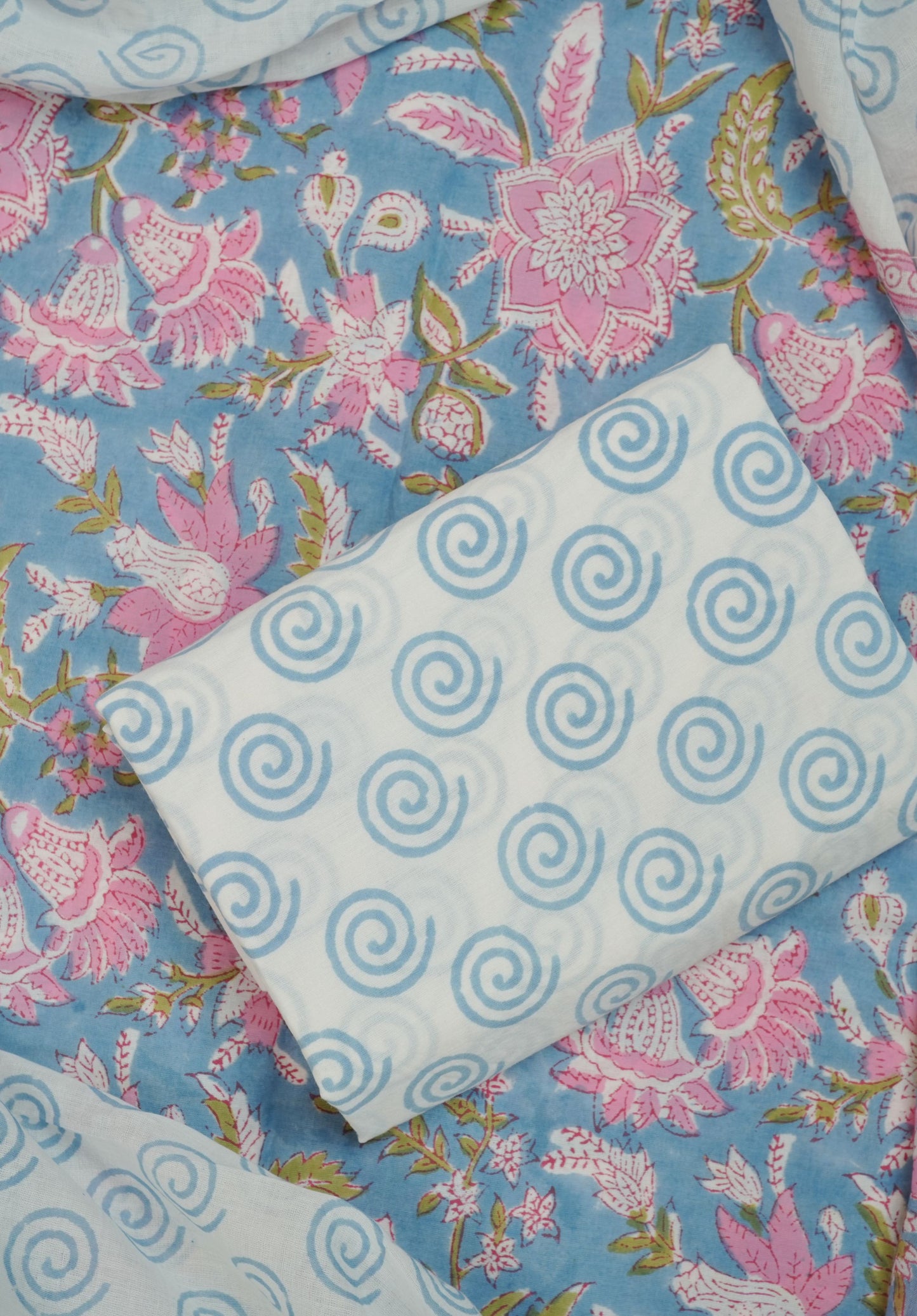 Cornflower Blue Hand Block Printed Cotton Suit Set (3-Piece)