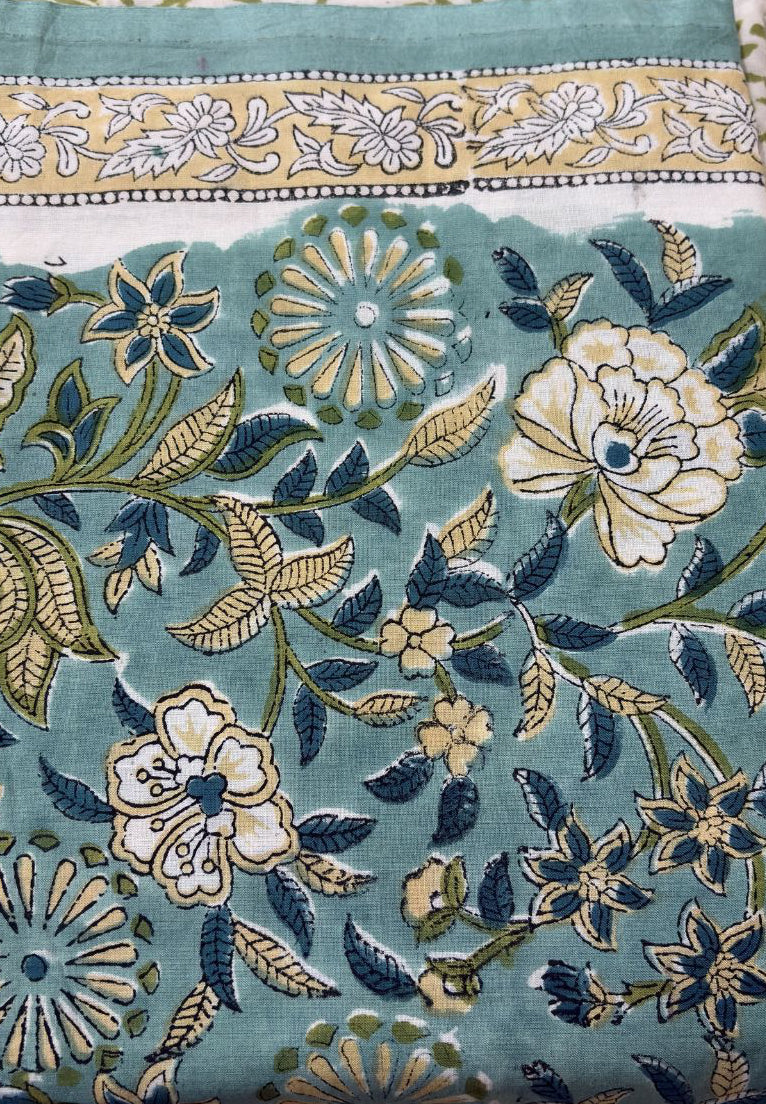 Seafoam Green Hand Block Printed Cotton Suit Set with Kota Doria Dupatta