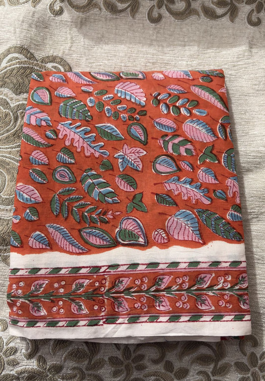 Burnt Orange Hand Block Printed Cotton Suit Set with Kota Doria Dupatta