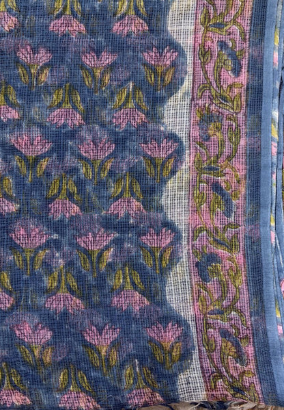 Deep Indigo Kota Doria Hand Block Printed Suit Set with Zari Border Dupatta