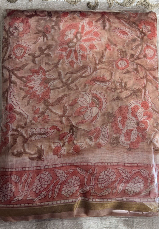 Terracotta Orange Chanderi Hand Block Printed Suit Set with Ornate Jaal Design