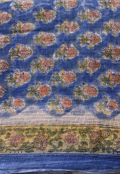 Vibrant Blue Kota Doria Hand Block Printed Suit Set with Zari Border Dupatta