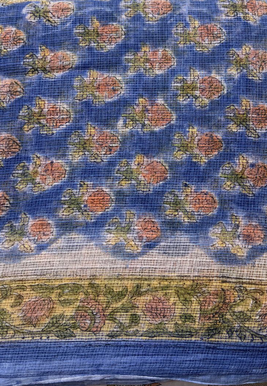 Vibrant Blue Kota Doria Hand Block Printed Suit Set with Zari Border Dupatta