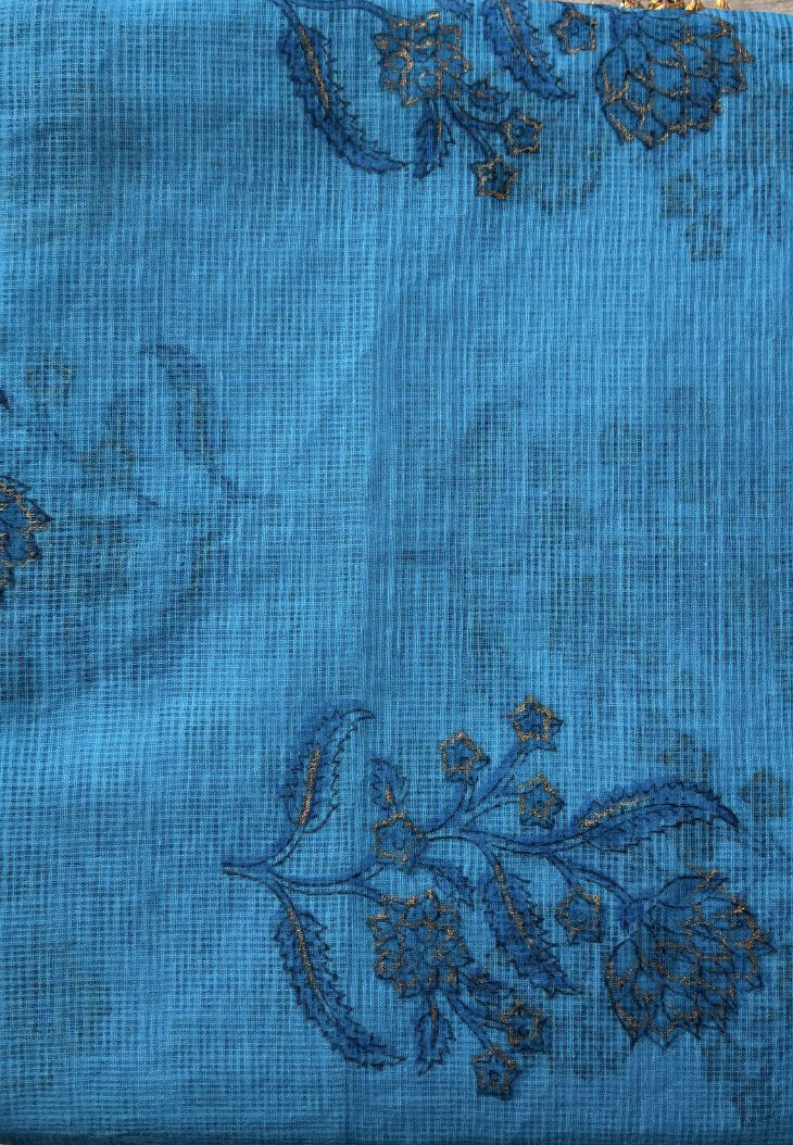 Aqua Blue Kota Doria Hand Block Printed Suit Set with Zari Border Dupatta