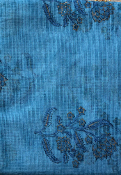 Aqua Blue Kota Doria Hand Block Printed Suit Set with Zari Border Dupatta
