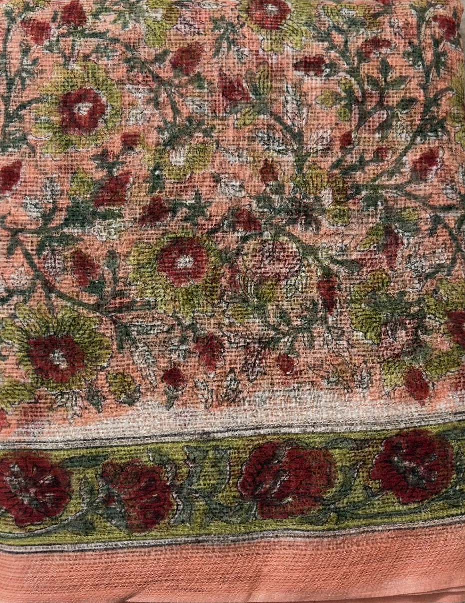 Peach Coral Hand Block Printed Kota Doria Suit Set