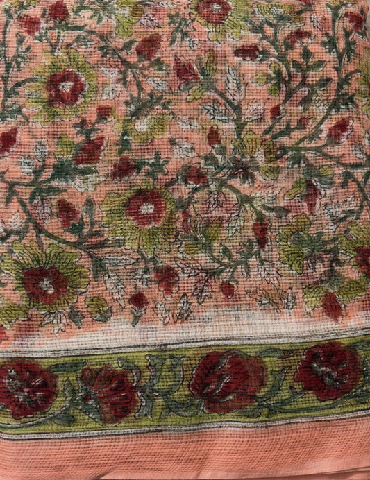 Peach Coral Hand Block Printed Kota Doria Suit Set