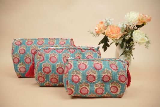 Teal Indigo Hand Block Printed Quilted Travel Pouch Set (Pack of 3)