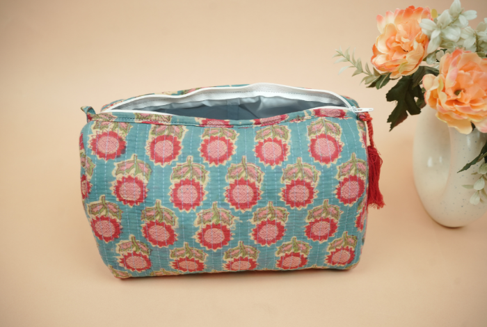 Teal Indigo Hand Block Printed Quilted Travel Pouch Set (Pack of 3)