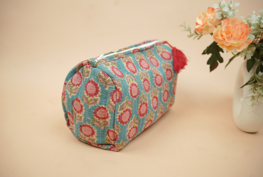 Teal Indigo Hand Block Printed Quilted Travel Pouch Set (Pack of 3)