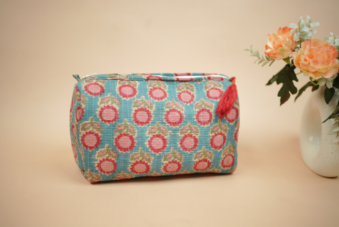 Teal Indigo Hand Block Printed Quilted Travel Pouch Set (Pack of 3)