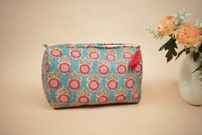 Teal Indigo Hand Block Printed Quilted Travel Pouch Set (Pack of 3)