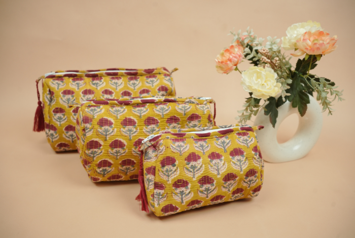 Honey Yellow Hand Block Printed Quilted Travel Pouch Set (Pack of 3)