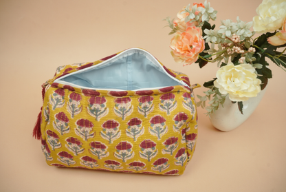 Honey Yellow Hand Block Printed Quilted Travel Pouch Set (Pack of 3)