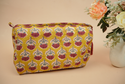 Honey Yellow Hand Block Printed Quilted Travel Pouch Set (Pack of 3)