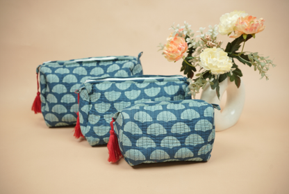 Midnight Indigo Hand Block Printed Quilted Travel Pouch Set (Pack of 3)