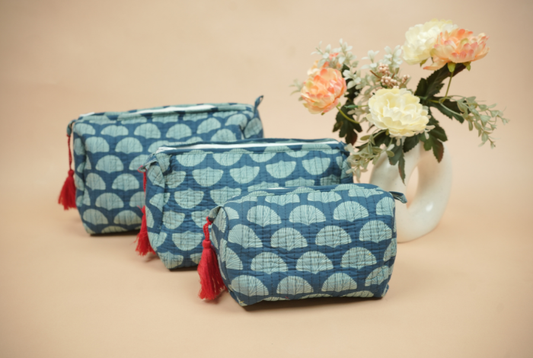 Midnight Indigo Hand Block Printed Quilted Travel Pouch Set (Pack of 3)