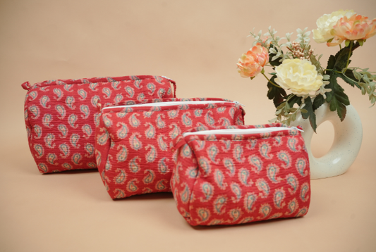 Ruby Red Paisley Hand Block Printed Quilted Travel Pouch Set (Pack of 3)
