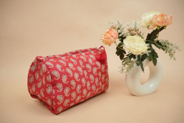 Ruby Red Paisley Hand Block Printed Quilted Travel Pouch Set (Pack of 3)