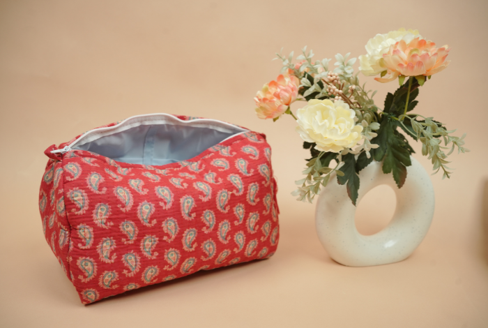 Ruby Red Paisley Hand Block Printed Quilted Travel Pouch Set (Pack of 3)