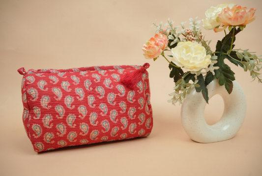 Ruby Red Paisley Hand Block Printed Quilted Travel Pouch Set (Pack of 3)