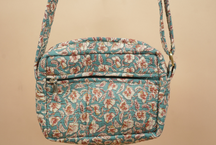 Teal Blue Hand Block Printed Quilted Sling Bag with Shoulder Strap