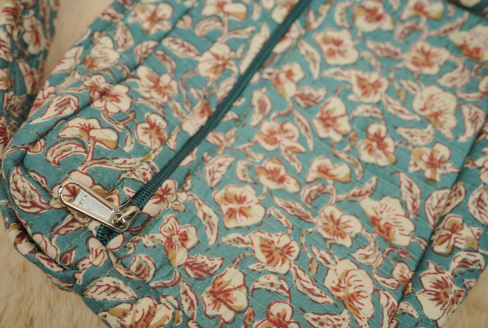 Teal Blue Hand Block Printed Quilted Sling Bag with Shoulder Strap