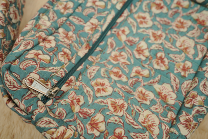 Teal Blue Hand Block Printed Quilted Sling Bag with Shoulder Strap
