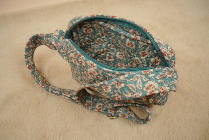 Teal Blue Hand Block Printed Quilted Sling Bag with Shoulder Strap