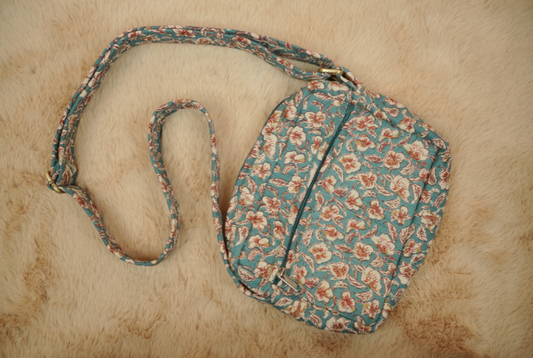 Teal Blue Hand Block Printed Quilted Sling Bag with Shoulder Strap