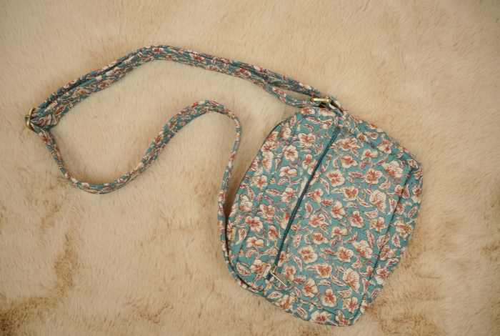 Teal Blue Hand Block Printed Quilted Sling Bag with Shoulder Strap