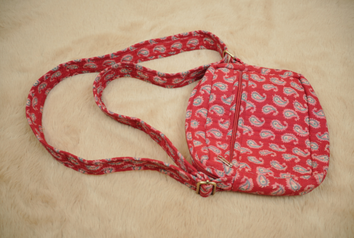 Ruby Red Paisley Hand Block Printed Quilted Sling Bag with Wide Shoulder Strap