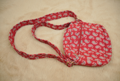 Ruby Red Paisley Hand Block Printed Quilted Sling Bag with Wide Shoulder Strap