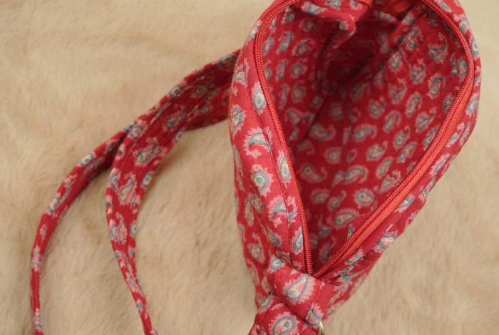 Ruby Red Paisley Hand Block Printed Quilted Sling Bag with Wide Shoulder Strap