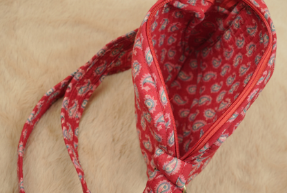 Ruby Red Paisley Hand Block Printed Quilted Sling Bag with Wide Shoulder Strap