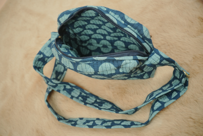 Midnight Indigo Hand Block Printed Quilted Sling Bag with Wide Shoulder Strap