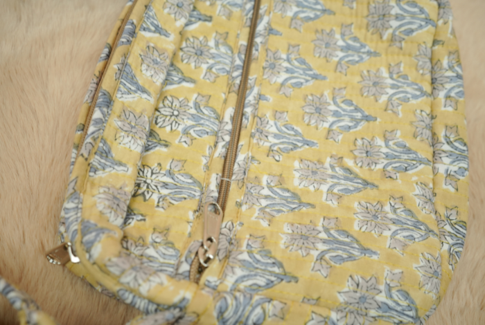 Honey Mustard Mughal Floral Hand Block Printed Quilted Sling Bag with Wide Shoulder Strap