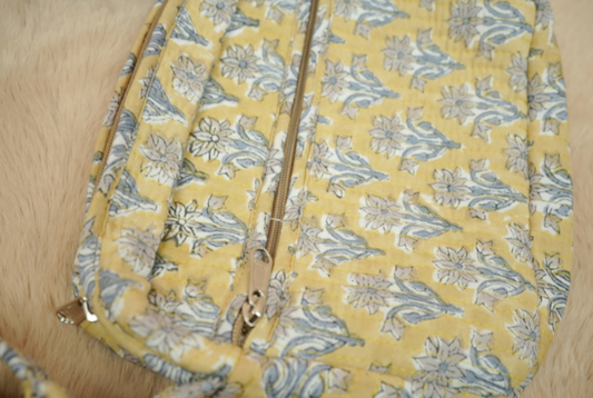 Honey Mustard Mughal Floral Hand Block Printed Quilted Sling Bag with Wide Shoulder Strap