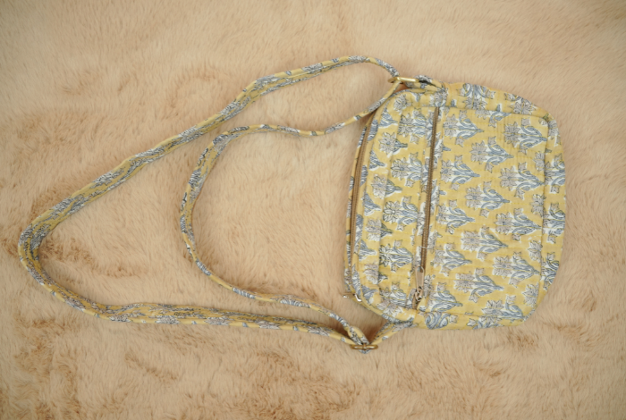 Honey Mustard Mughal Floral Hand Block Printed Quilted Sling Bag with Wide Shoulder Strap