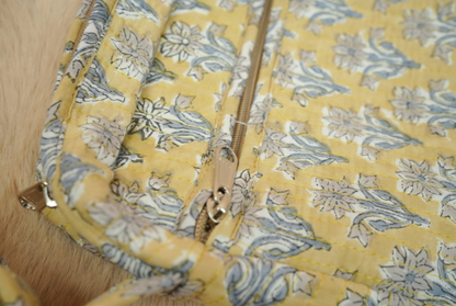Honey Mustard Mughal Floral Hand Block Printed Quilted Sling Bag with Wide Shoulder Strap
