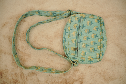 Mint Green Floral Buti Hand Block Printed Quilted Sling Bag with Wide Shoulder Strap