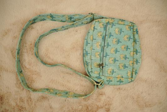 Mint Green Floral Buti Hand Block Printed Quilted Sling Bag with Wide Shoulder Strap