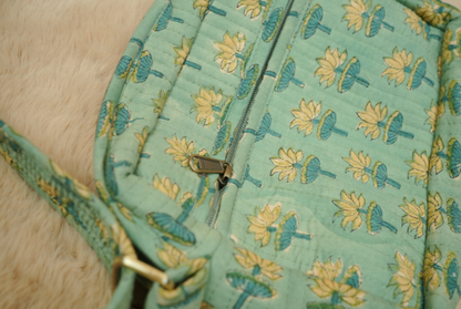Mint Green Floral Buti Hand Block Printed Quilted Sling Bag with Wide Shoulder Strap